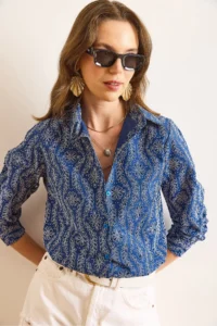 Olalook Women's Navy Blue Scallop Detailed Regular Fit Shirt - Image 4
