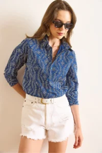 Olalook Women's Navy Blue Scallop Detailed Regular Fit Shirt - Image 5