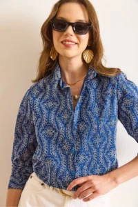 Olalook Women's Navy Blue Scallop Detailed Regular Fit Shirt - Image 6