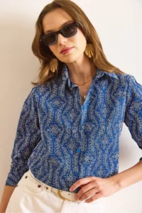 Olalook Women's Navy Blue Scallop Detailed Regular Fit Shirt - Image 7