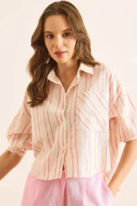 Olalook Women's Beige Pink Single Pocket Striped Front Short Back Long Crop Shirt