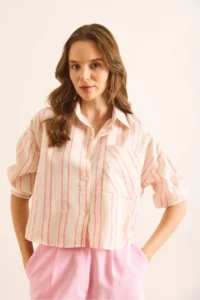 Olalook Women's Beige Pink Single Pocket Striped Front Short Back Long Crop Shirt - Image 2