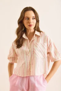 Olalook Women's Beige Pink Single Pocket Striped Front Short Back Long Crop Shirt - Image 3