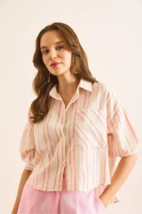 Olalook Women's Beige Pink Single Pocket Striped Front Short Back Long Crop Shirt - Image 4