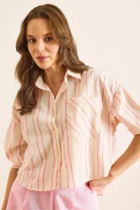 Olalook Women's Beige Pink Single Pocket Striped Front Short Back Long Crop Shirt - Image 5