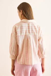 Olalook Women's Beige Pink Single Pocket Striped Front Short Back Long Crop Shirt - Image 6