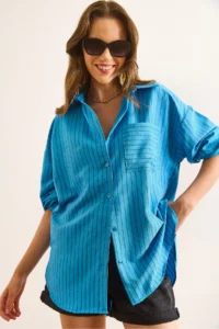 Olalook Women's Blue Striped Single Pocket Boyfriend Aerobin Shirt
