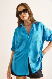Olalook Women's Blue Striped Single Pocket Boyfriend Aerobin Shirt - Image 3