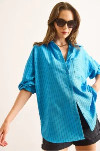 Olalook Women's Blue Striped Single Pocket Boyfriend Aerobin Shirt - Image 4