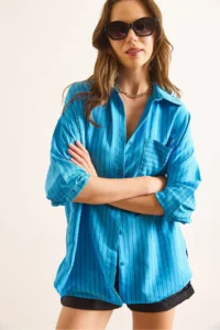 Olalook Women's Blue Striped Single Pocket Boyfriend Aerobin Shirt - Image 5