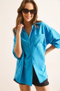 Olalook Women's Blue Striped Single Pocket Boyfriend Aerobin Shirt - Image 6