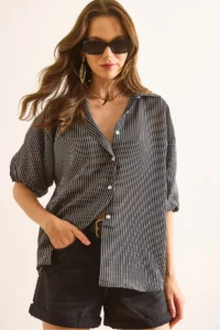 Olalook Women's Black Balloon Sleeve Striped Loose Shirt