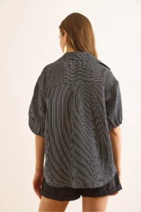 Olalook Women's Black Balloon Sleeve Striped Loose Shirt - Image 2