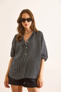 Olalook Women's Black Balloon Sleeve Striped Loose Shirt - Image 3
