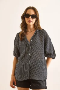 Olalook Women's Black Balloon Sleeve Striped Loose Shirt - Image 4