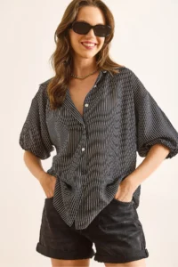 Olalook Women's Black Balloon Sleeve Striped Loose Shirt - Image 5