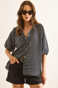 Olalook Women's Black Balloon Sleeve Striped Loose Shirt - Image 6