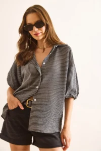 Olalook Women's Black Balloon Sleeve Striped Loose Shirt - Image 7