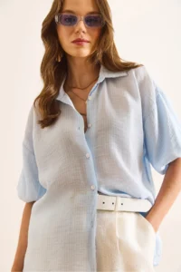 Olalook Women's Blue Balloon Sleeve Striped Loose Shirt