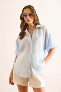 Olalook Women's Blue Balloon Sleeve Striped Loose Shirt - Image 2
