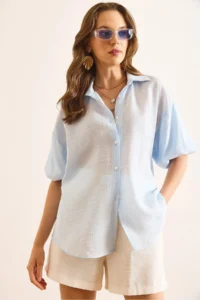 Olalook Women's Blue Balloon Sleeve Striped Loose Shirt - Image 3