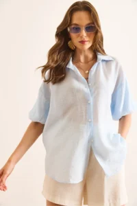 Olalook Women's Blue Balloon Sleeve Striped Loose Shirt - Image 4