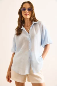 Olalook Women's Blue Balloon Sleeve Striped Loose Shirt - Image 5