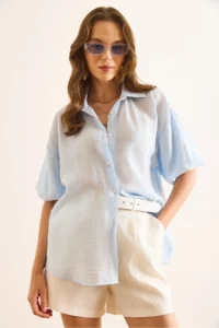 Olalook Women's Blue Balloon Sleeve Striped Loose Shirt - Image 6
