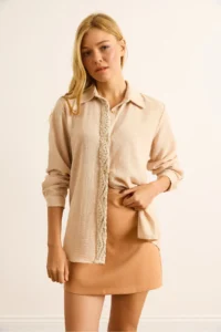Olalook Women's Stone Back Guipure Window Detailed Flowy Shirt - Image 2