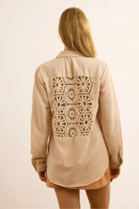 Olalook Women's Stone Back Guipure Window Detailed Flowy Shirt - Image 3