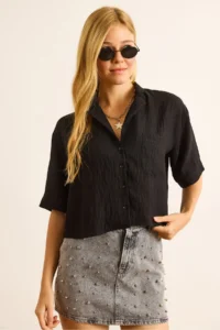 Olalook Women's Black Single Pocket Transparent Striped Crop Shirt