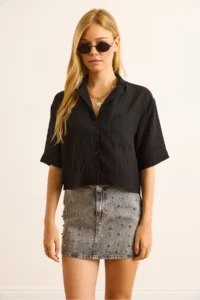 Olalook Women's Black Single Pocket Transparent Striped Crop Shirt - Image 2
