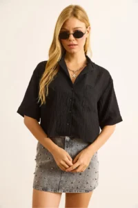 Olalook Women's Black Single Pocket Transparent Striped Crop Shirt - Image 3