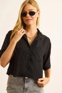 Olalook Women's Black Single Pocket Transparent Striped Crop Shirt - Image 4