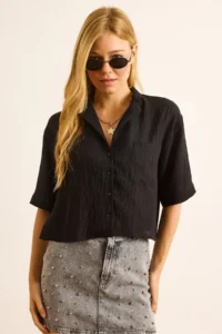 Olalook Women's Black Single Pocket Transparent Striped Crop Shirt - Image 5