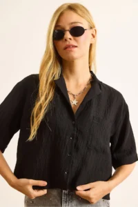 Olalook Women's Black Single Pocket Transparent Striped Crop Shirt - Image 6