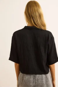 Olalook Women's Black Single Pocket Transparent Striped Crop Shirt - Image 7