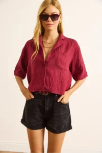 Olalook Women's Claret Red Single Pocket Transparent Striped Crop Shirt - Image 2