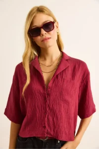 Olalook Women's Claret Red Single Pocket Transparent Striped Crop Shirt - Image 3