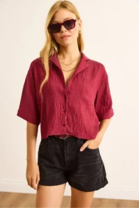 Olalook Women's Claret Red Single Pocket Transparent Striped Crop Shirt - Image 4
