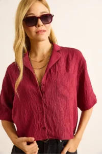 Olalook Women's Claret Red Single Pocket Transparent Striped Crop Shirt - Image 5