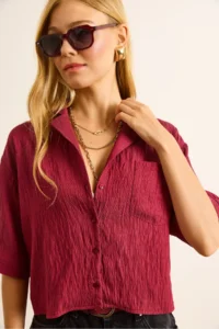Olalook Women's Claret Red Single Pocket Transparent Striped Crop Shirt - Image 6