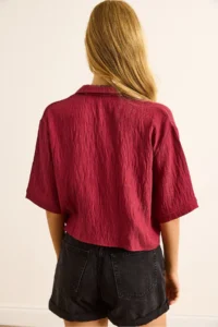 Olalook Women's Claret Red Single Pocket Transparent Striped Crop Shirt - Image 7