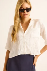 Olalook Women's White Single Pocket Transparent Striped Crop Shirt