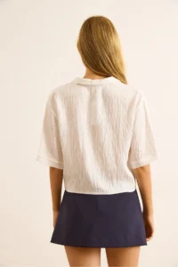 Olalook Women's White Single Pocket Transparent Striped Crop Shirt - Image 2