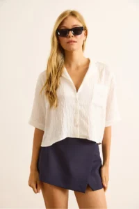 Olalook Women's White Single Pocket Transparent Striped Crop Shirt - Image 3