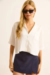 Olalook Women's White Single Pocket Transparent Striped Crop Shirt - Image 4