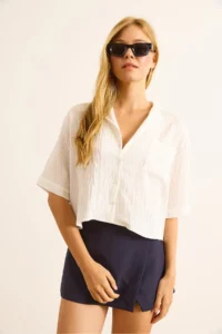 Olalook Women's White Single Pocket Transparent Striped Crop Shirt - Image 5