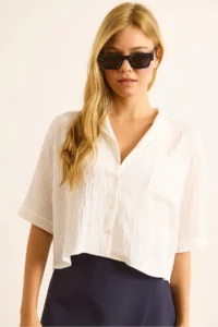 Olalook Women's White Single Pocket Transparent Striped Crop Shirt - Image 6