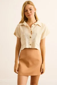Olalook Women's Ecru Single Pocket Etamine Crop Shirt